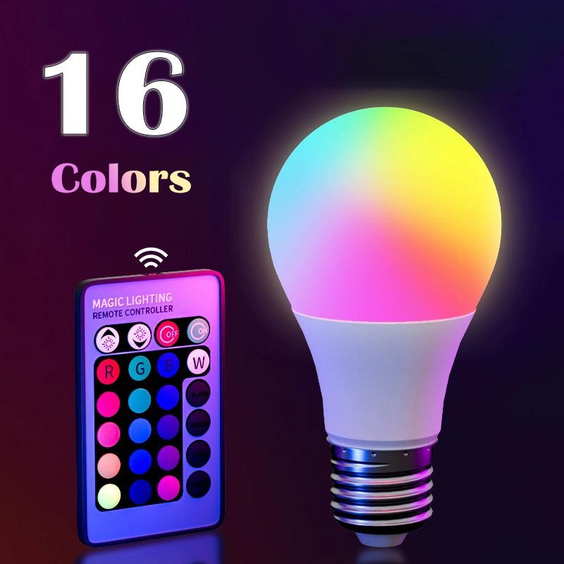 16-Color RGB LED Bulb with E27 Base Dimmable Multicolor Lighting with 24-Key Remote Control for Atmosphere and Accent Lighting