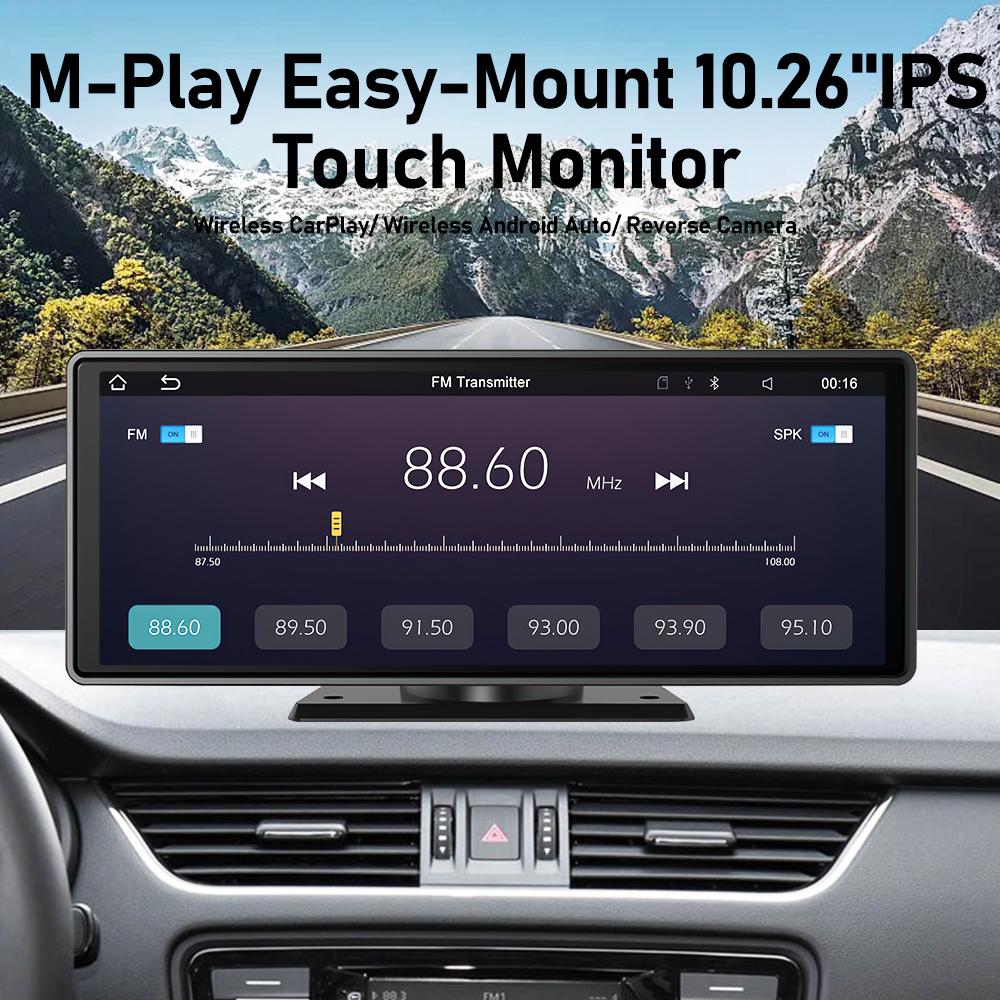 10.26 Inch IPS Screen Multimedia Video Player Wireless CarPlay & Android Auto, Reverse Camera Monitor, Bluetooth, FM Transmitter, USB