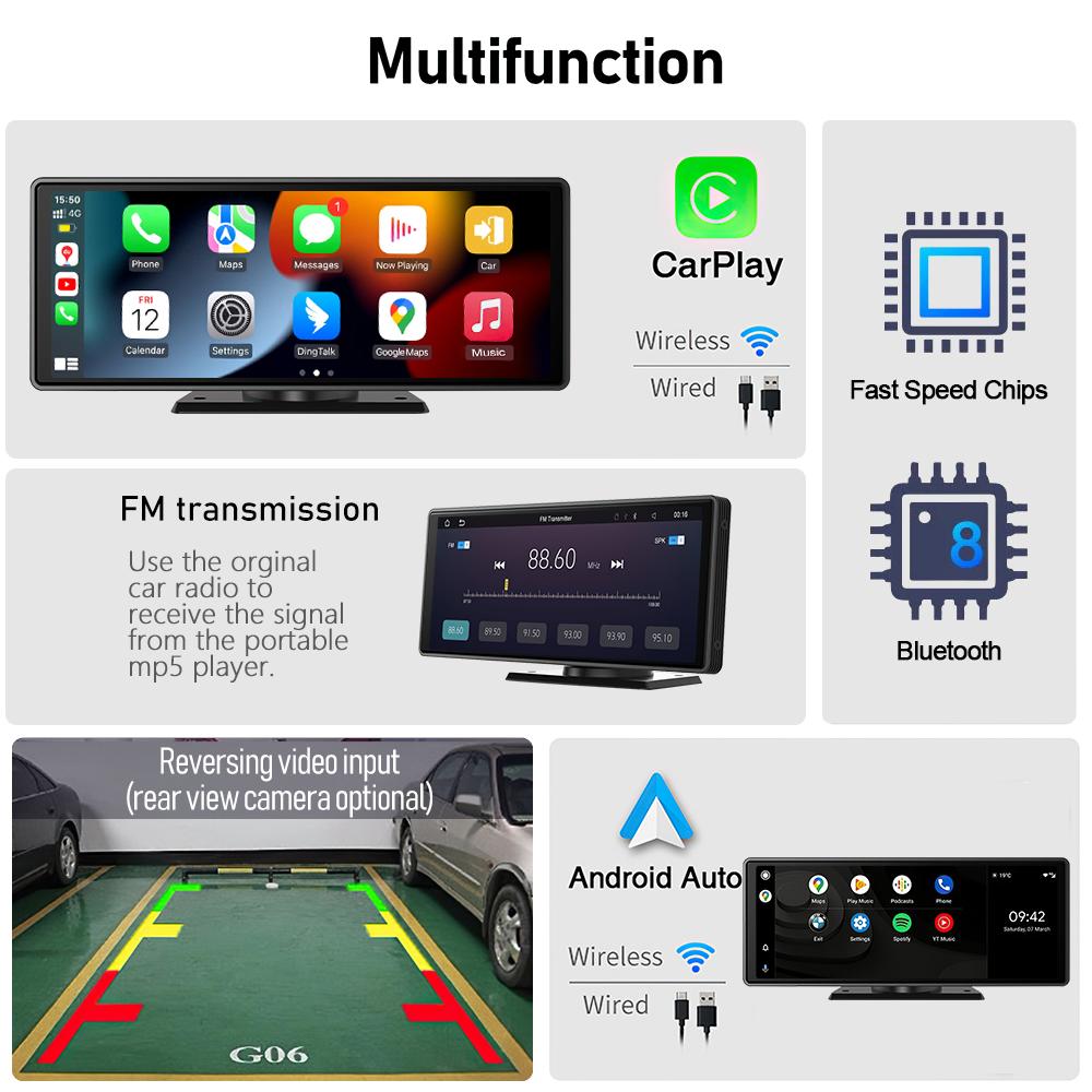 10.26 Inch IPS Screen Multimedia Video Player Wireless CarPlay & Android Auto, Reverse Camera Monitor, Bluetooth, FM Transmitter, USB