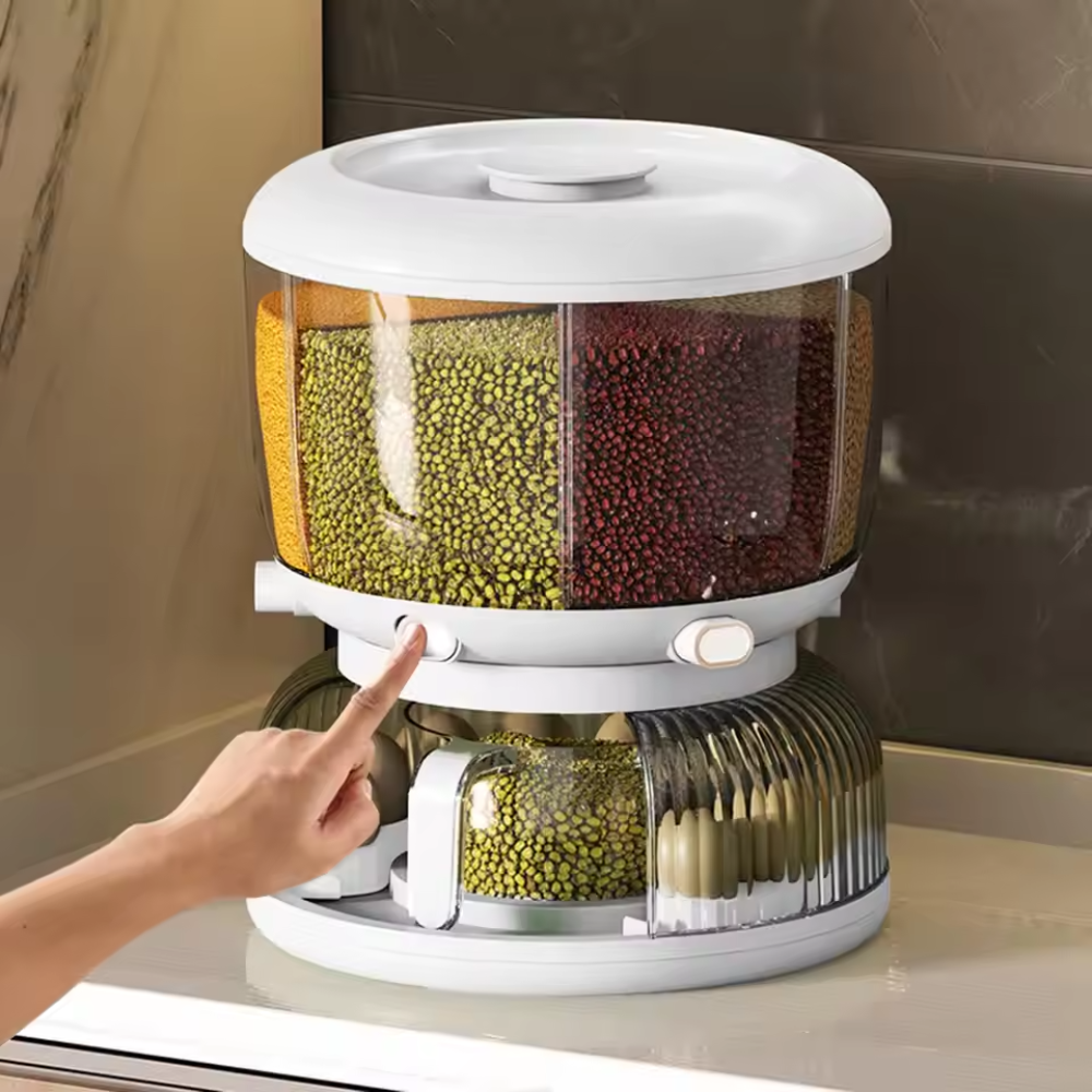 Rotating Rice Dispenser with 6 Compartments | Space-Saving and Efficient Storage Solution


