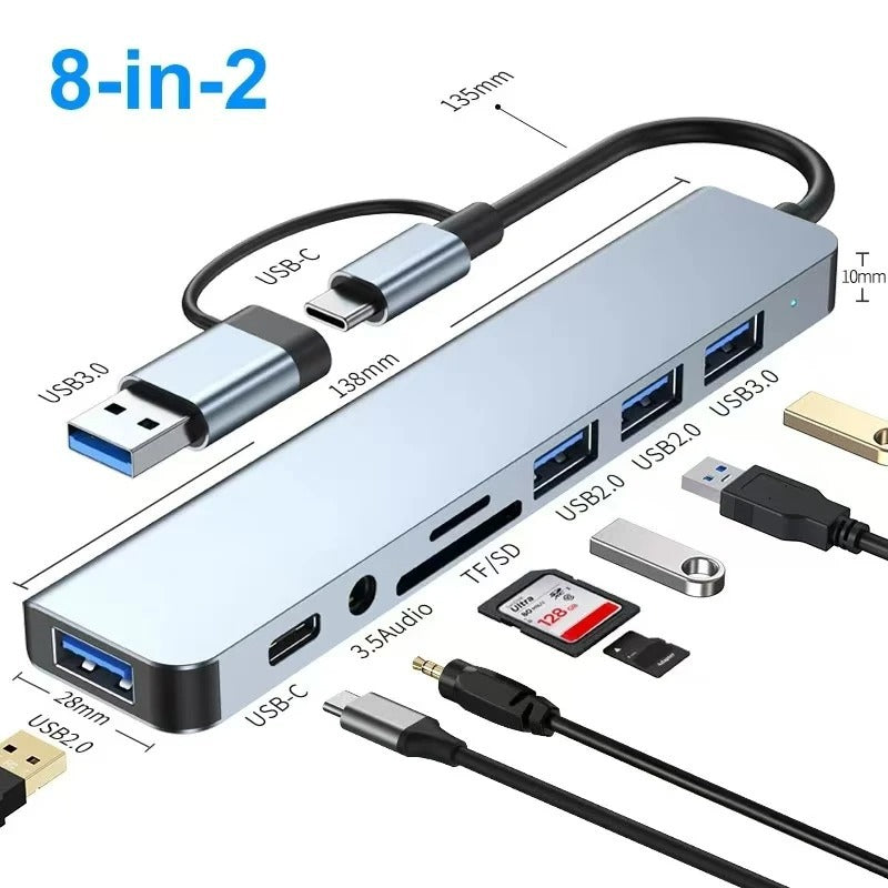 8-in-1 USB Hub with Card Reader USB-C Port, USB 3.0/2.0, SD/TF Slots