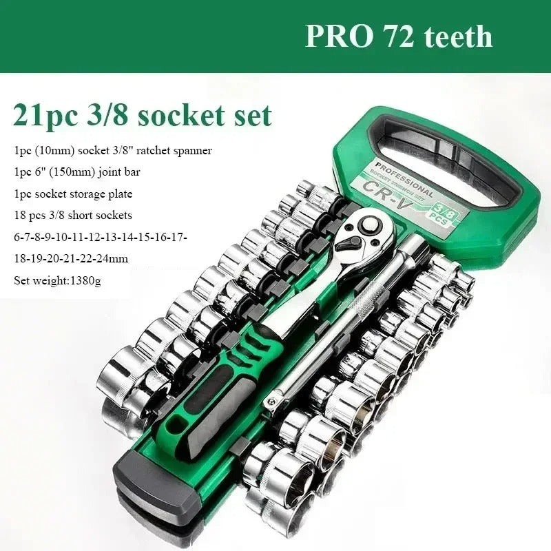 Socket Sleeve Wrench Set – 1/4", 3/8", 1/2" Ratchet Spanner Tool Kit for Car Repair, Auto Maintenance & Hand Tool Use