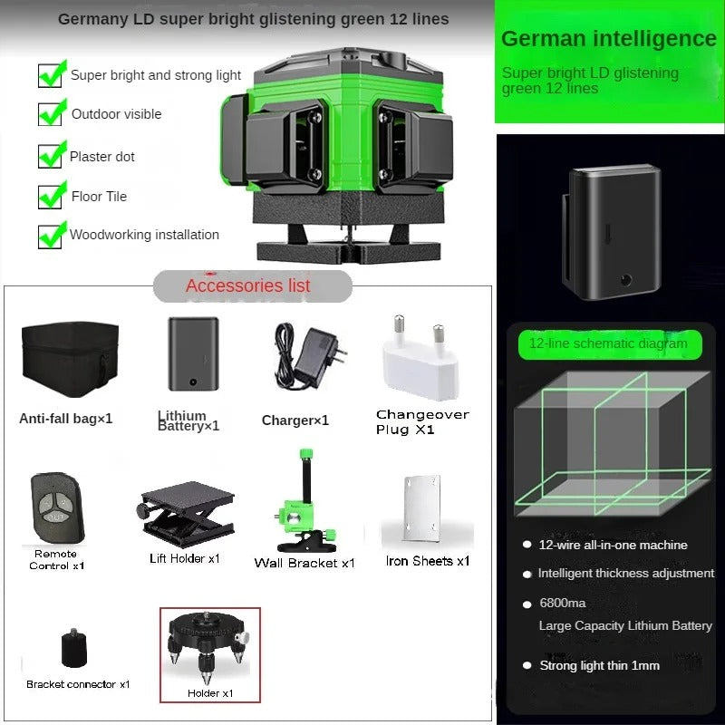 4D Green Laser Level – 16/12 Line Self-Leveling Tool
