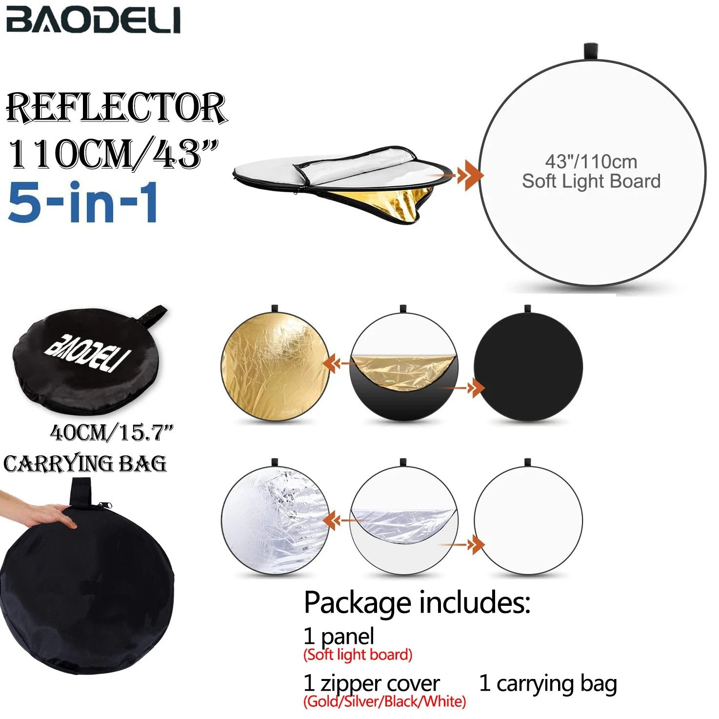 24-Inch 5-in-1 Collapsible Photography Reflector - Portable Light Diffuser