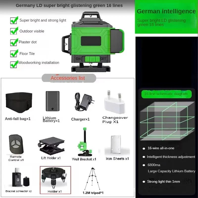 4D Green Laser Level – 16/12 Line Self-Leveling Tool
