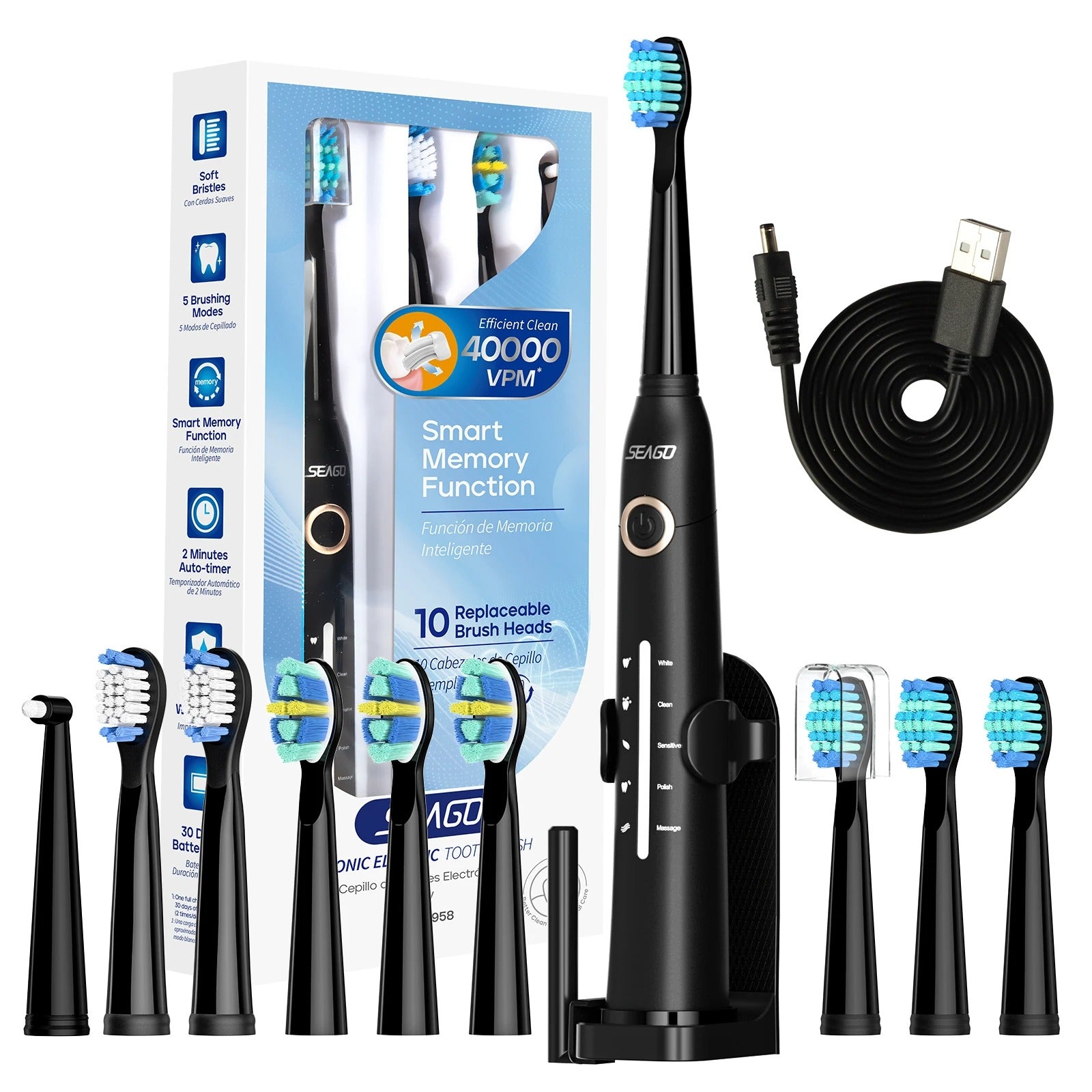 USB Rechargeable Ultrasonic Electric Toothbrush with 10 Replacement Heads