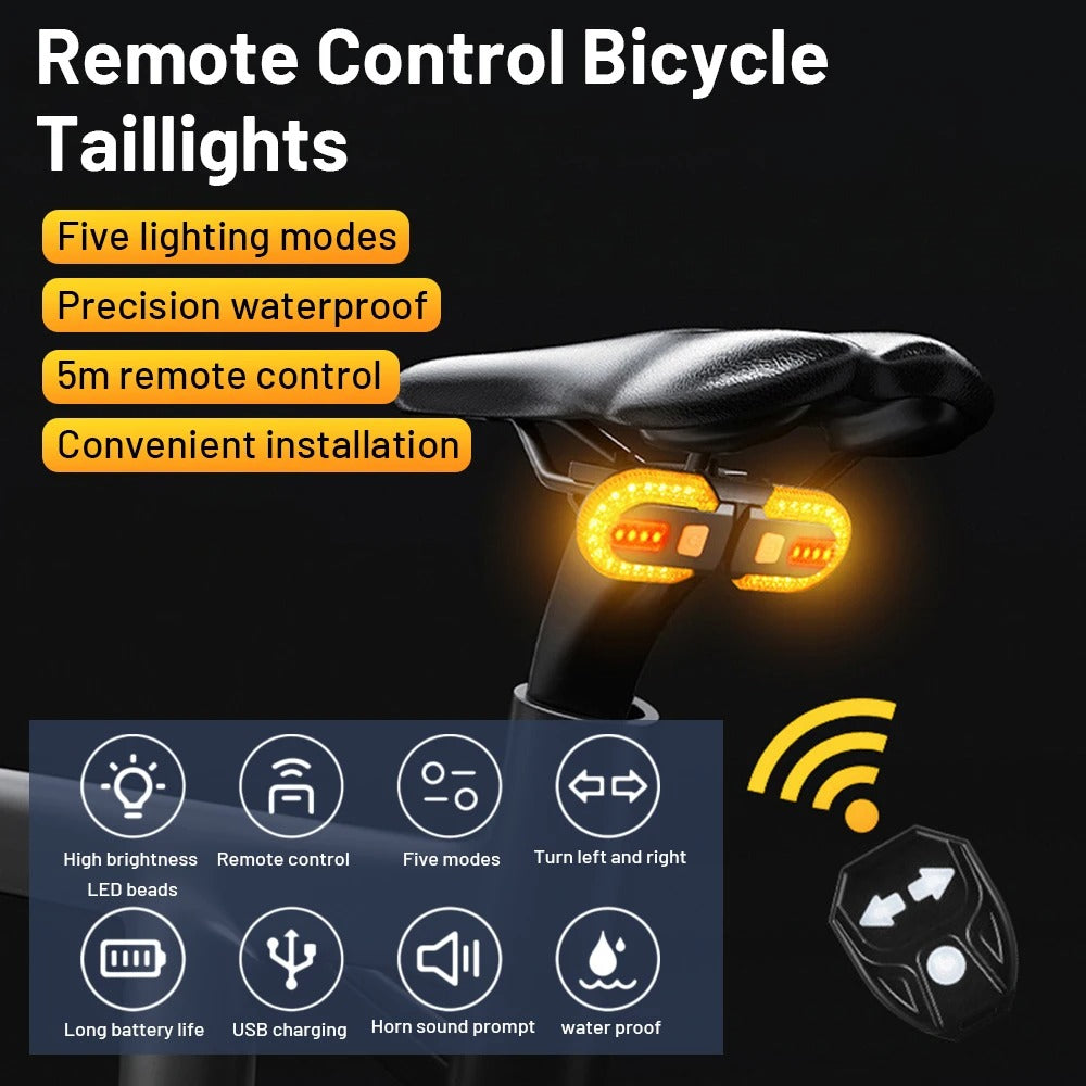 Remote Control Bicycle Taillight – USB Rechargeable LED Turn Signal & Brake Warning Light