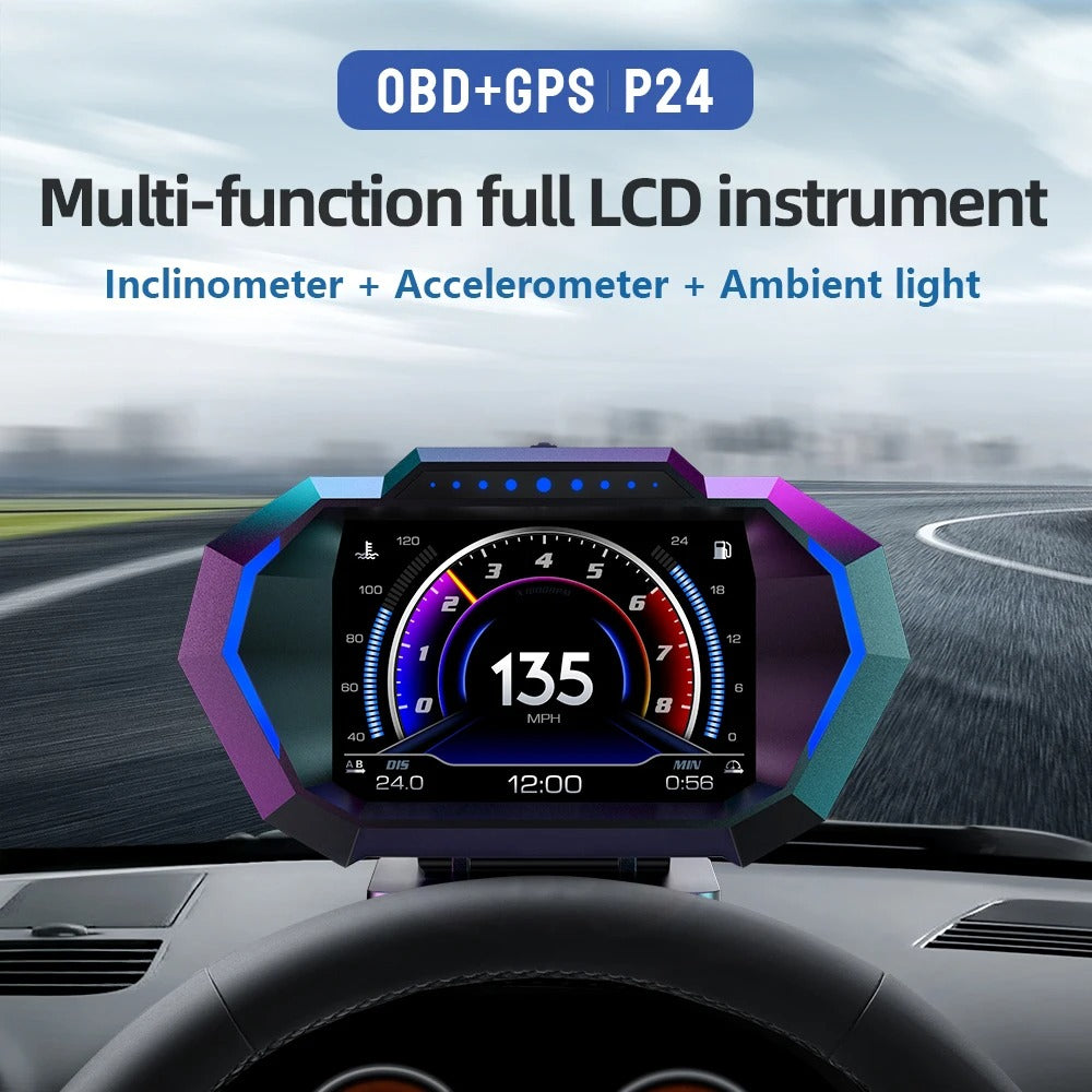 P24 OBD + GPS HUD Car Display – Digital Speedometer, Water Temperature, Fuel Consumption, Slope Meter, On-Board Computer