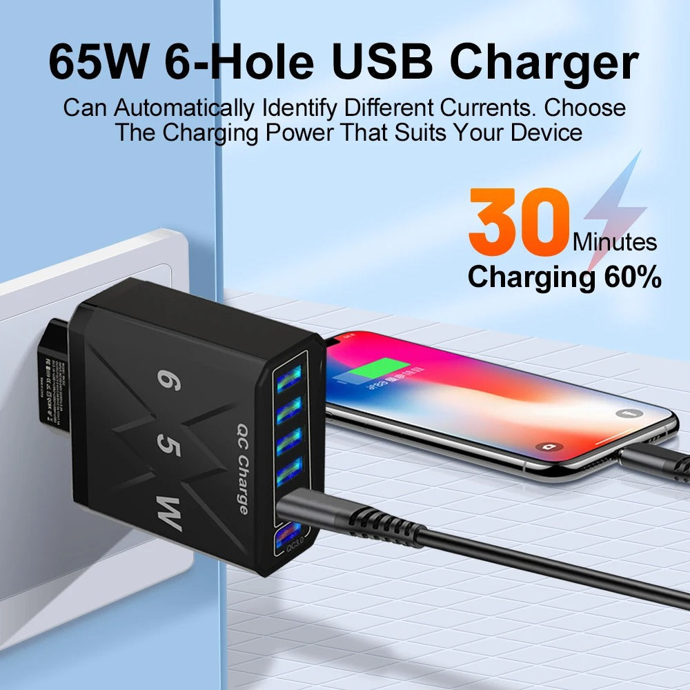 65W Multi USB 6-Port Fast Charging Charger