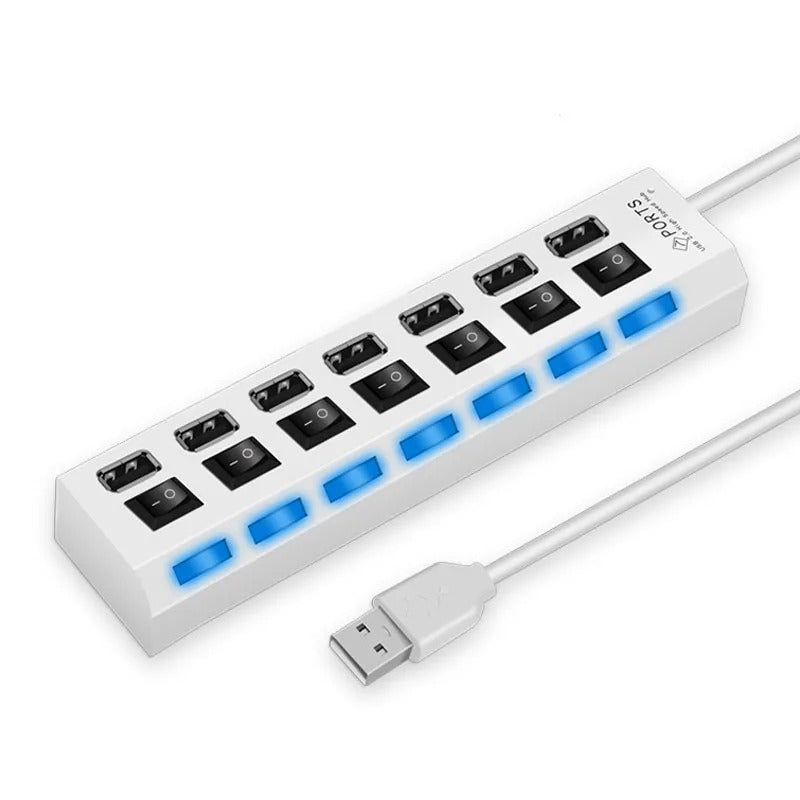 High-Speed 4/7-Port USB 2.0 Hub with LED Light and Switch Multi-USB Adapter & Expander for PC and Laptop