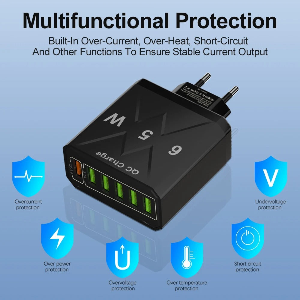 65W Multi USB 6-Port Fast Charging Charger