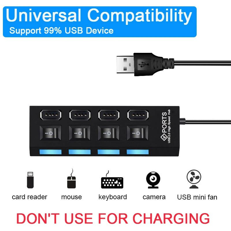 High-Speed 4/7-Port USB 2.0 Hub with LED Light and Switch Multi-USB Adapter & Expander for PC and Laptop