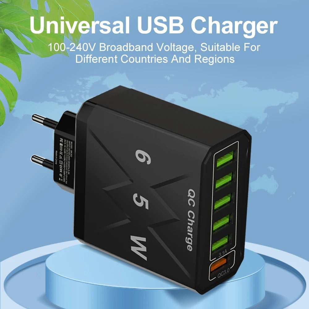 65W Multi USB 6-Port Fast Charging Charger