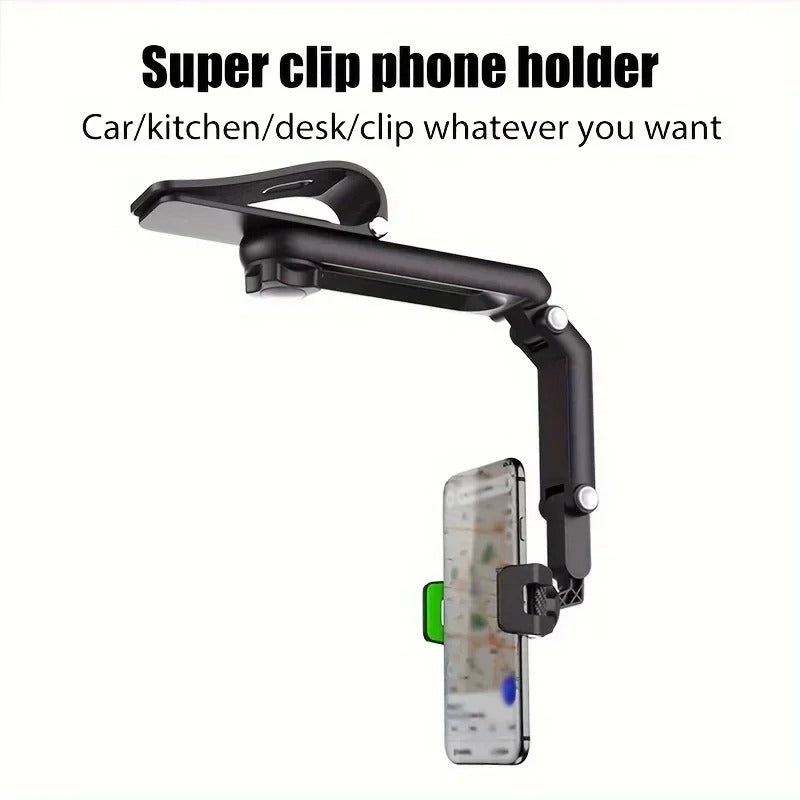 360° Rotating Rearview Mirror Phone Holder – Multifunction Car Phone Carrier