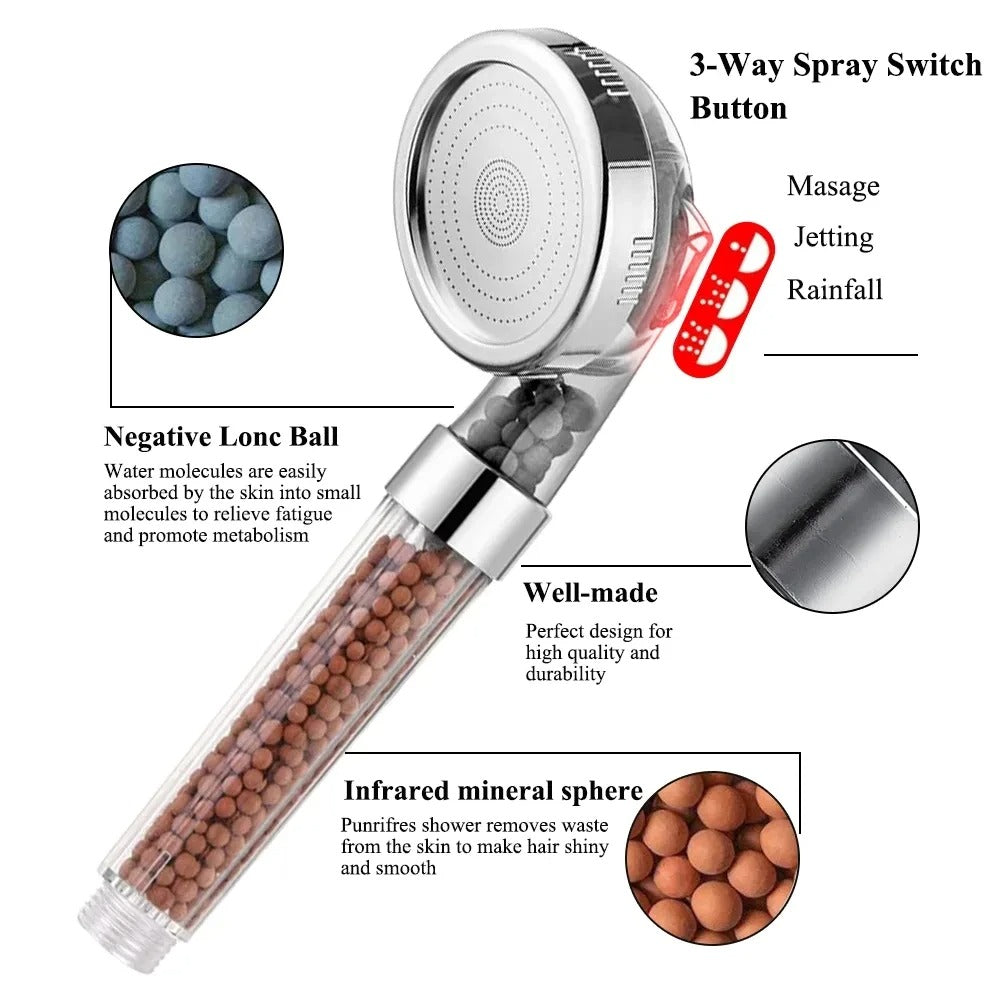 3-Function High Pressure SPA Shower Head – Water-Saving with Filter