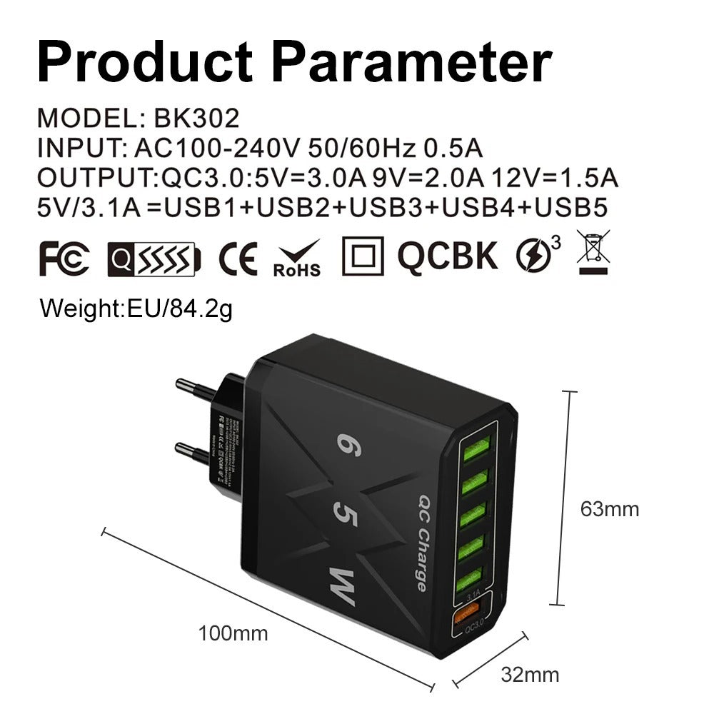 65W Multi USB 6-Port Fast Charging Charger