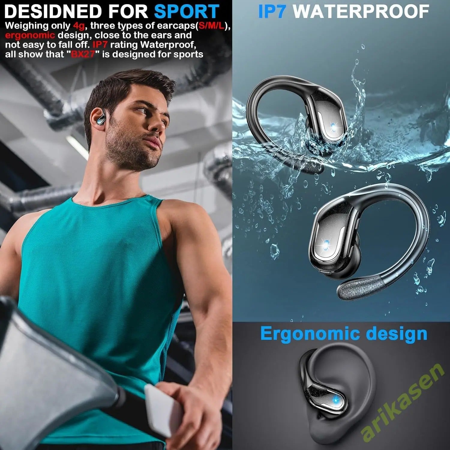 Bluetooth 5.3 Earphones IP7 Waterproof Wireless Headphones