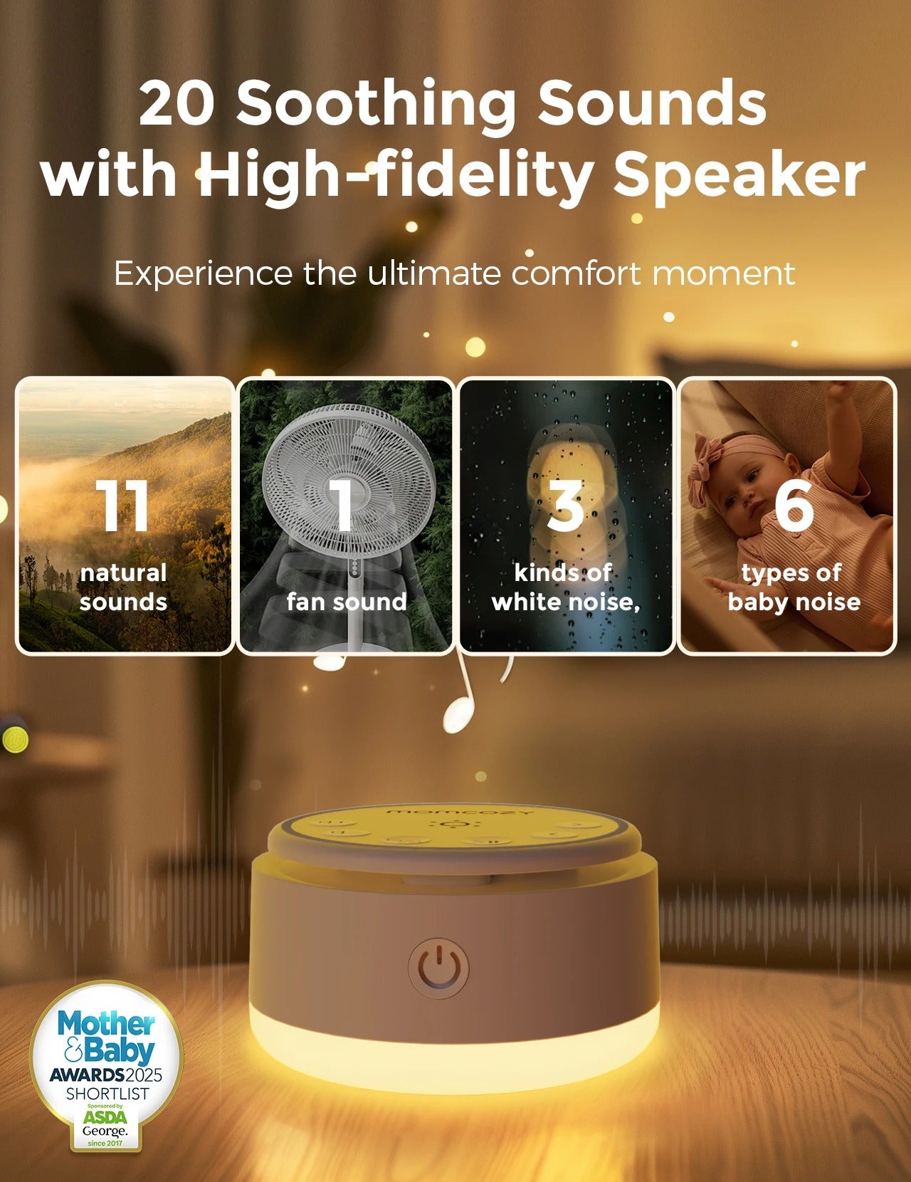 Portable Baby Sound Machine with 20 Soothing Sleep Sounds & Night Light