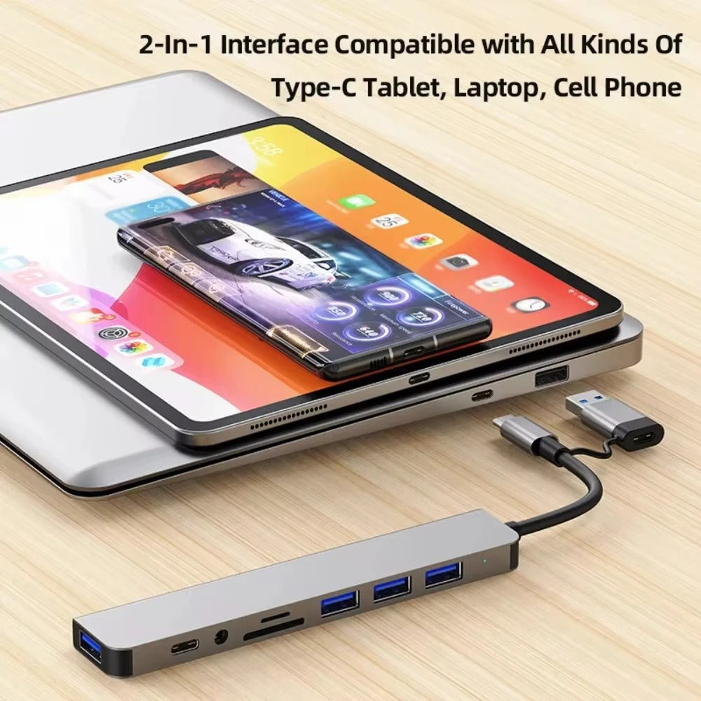 8-in-1 USB Hub with Card Reader USB-C Port, USB 3.0/2.0, SD/TF Slots