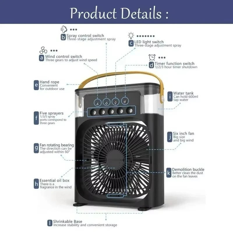 3-in-1 USB Air Cooler – Portable Fan, Air Conditioner & LED Night Light for Home & Office