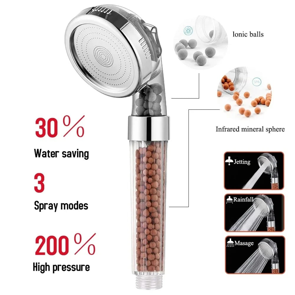 3-Function High Pressure SPA Shower Head – Water-Saving with Filter