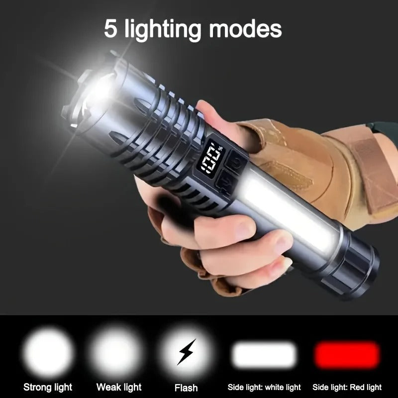High Power Rechargeable LED Flashlight – Ultra Bright Torch with Side Light