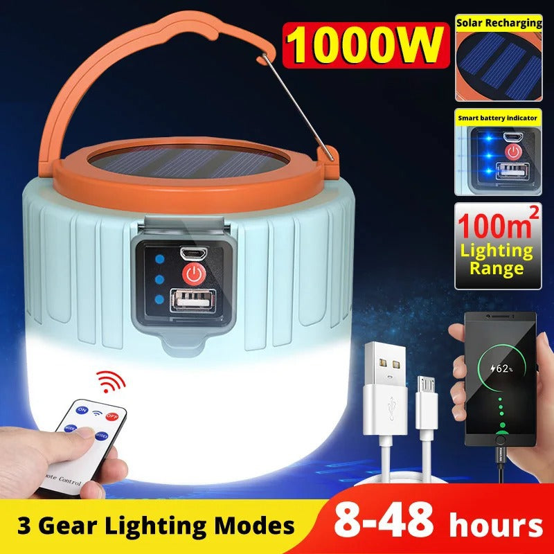 1000W Solar LED Camping Lantern – Waterproof USB Rechargeable Light