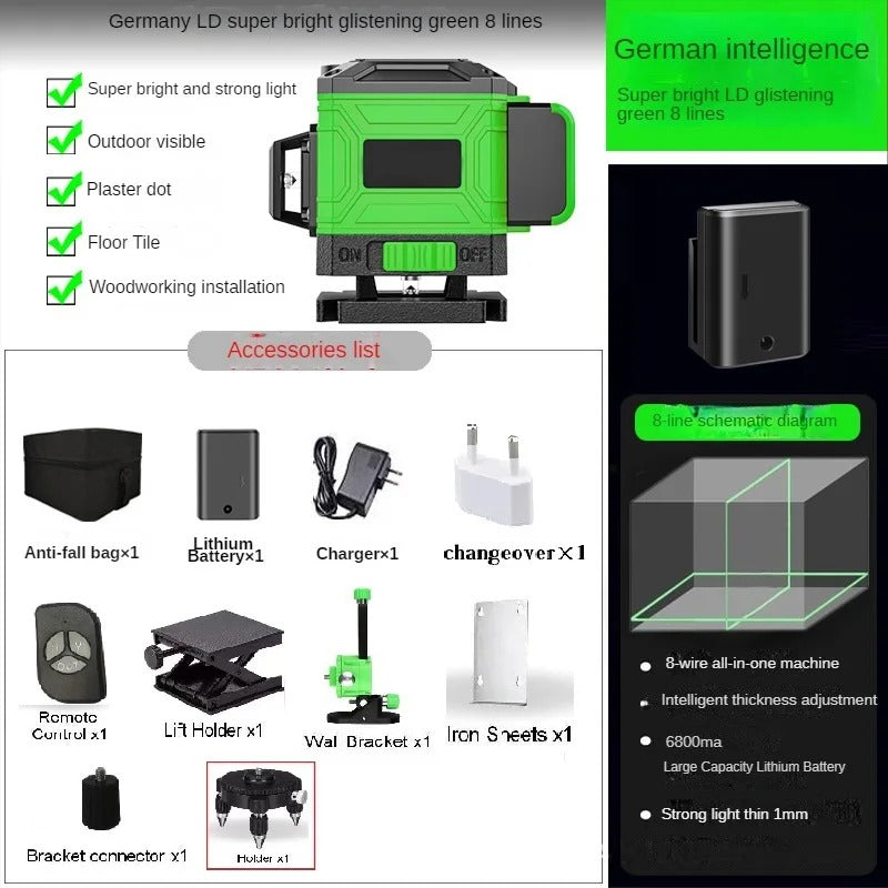 4D Green Laser Level – 16/12 Line Self-Leveling Tool