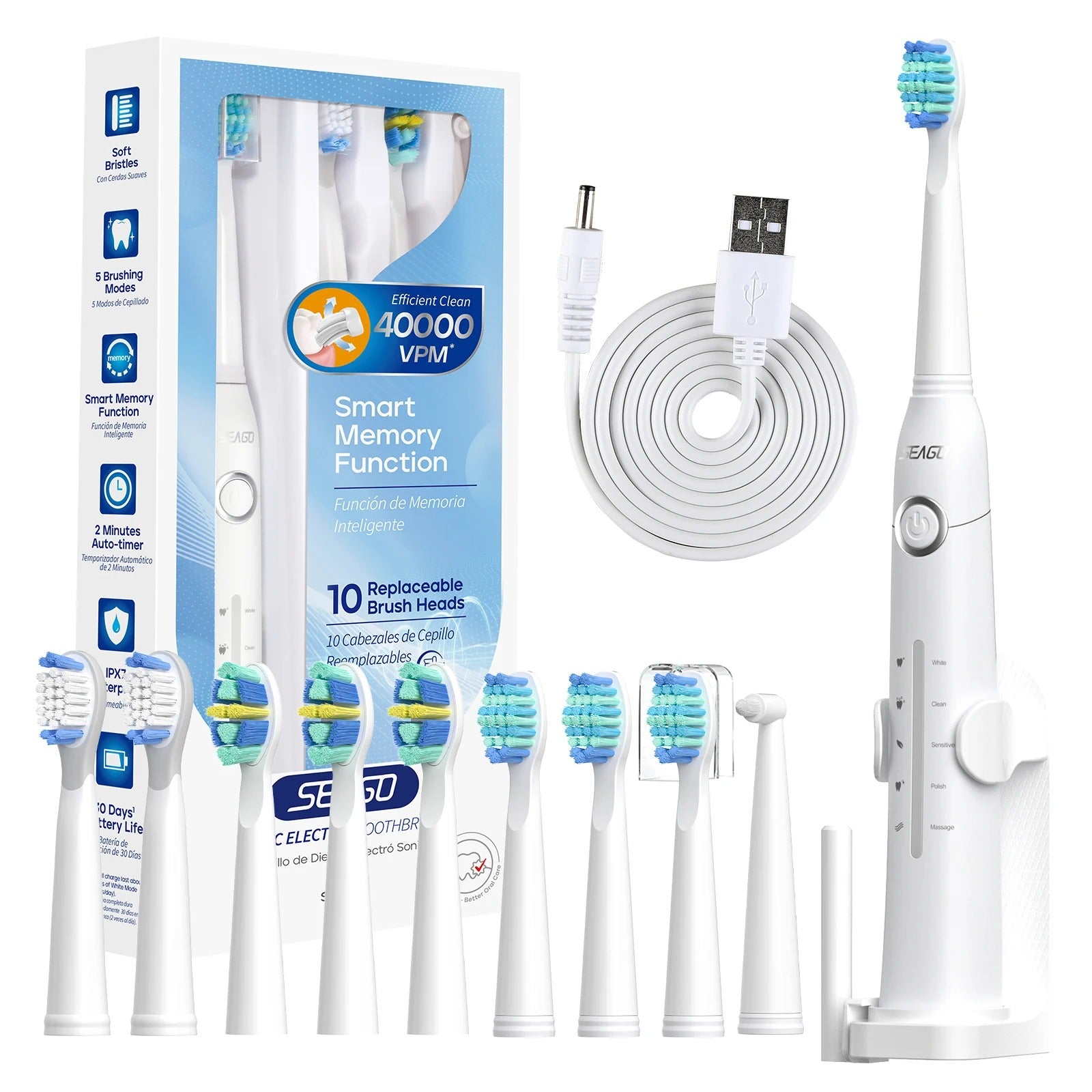 USB Rechargeable Ultrasonic Electric Toothbrush with 10 Replacement Heads