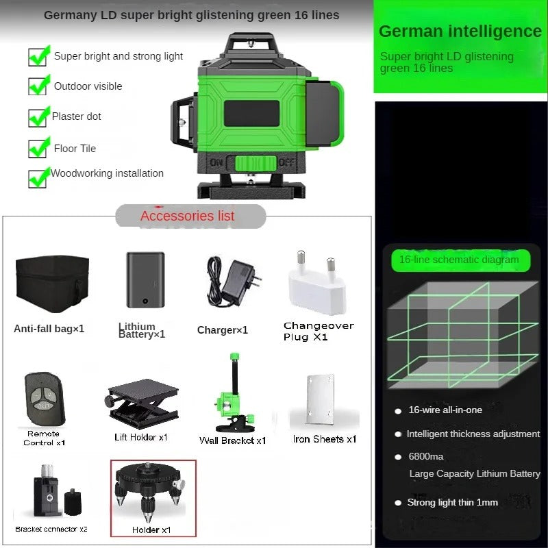 4D Green Laser Level – 16/12 Line Self-Leveling Tool